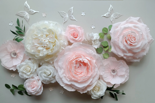 Handmade 3D set of paper flowers for wall decoration